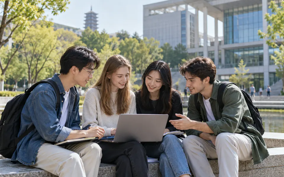 Students collaborating on a university campus in China