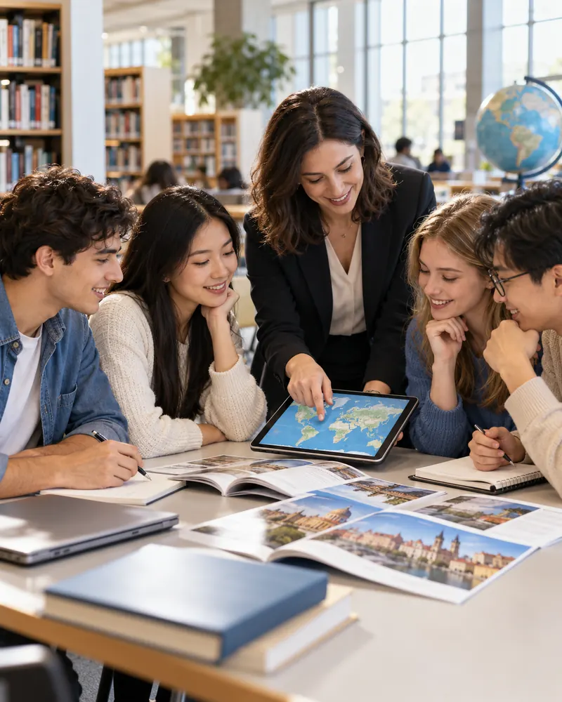 Students exploring international study options with an education advisor